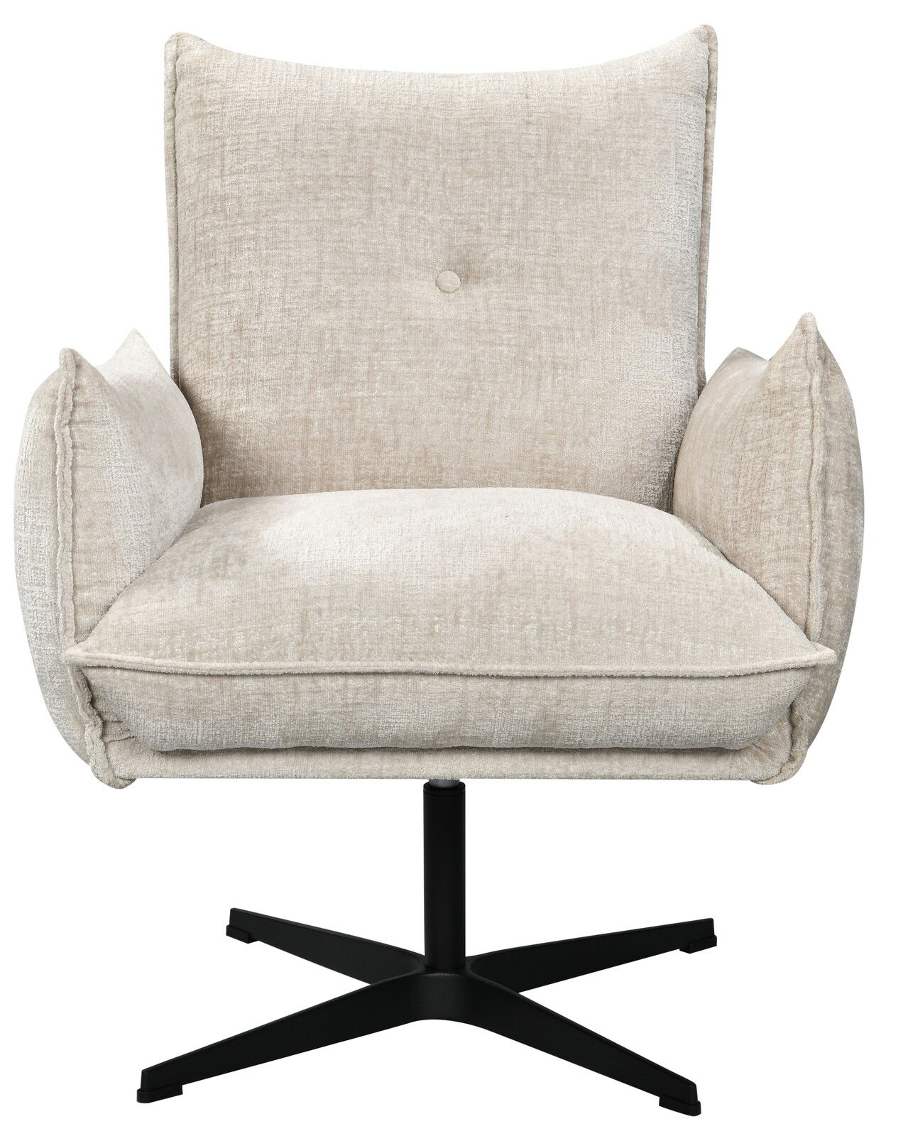 Frontansicht eines beigen Relaxsessels mit schwarzem Drehfuß und weicher Polsterung.