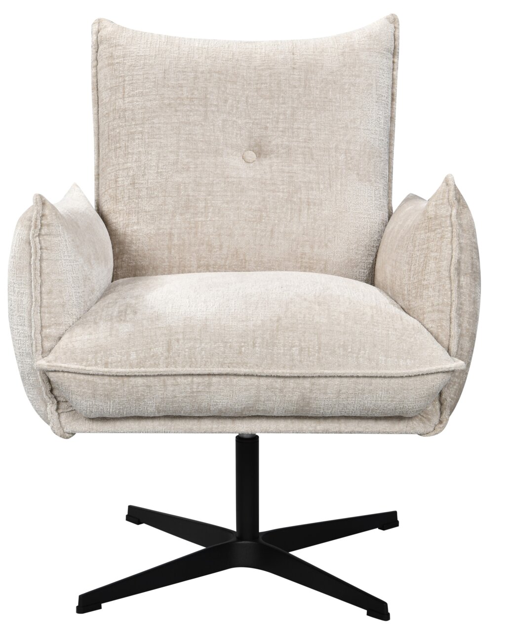 Vooraanzicht van een beige relaxfauteuil met een zwart draaipootje en zachte bekleding.