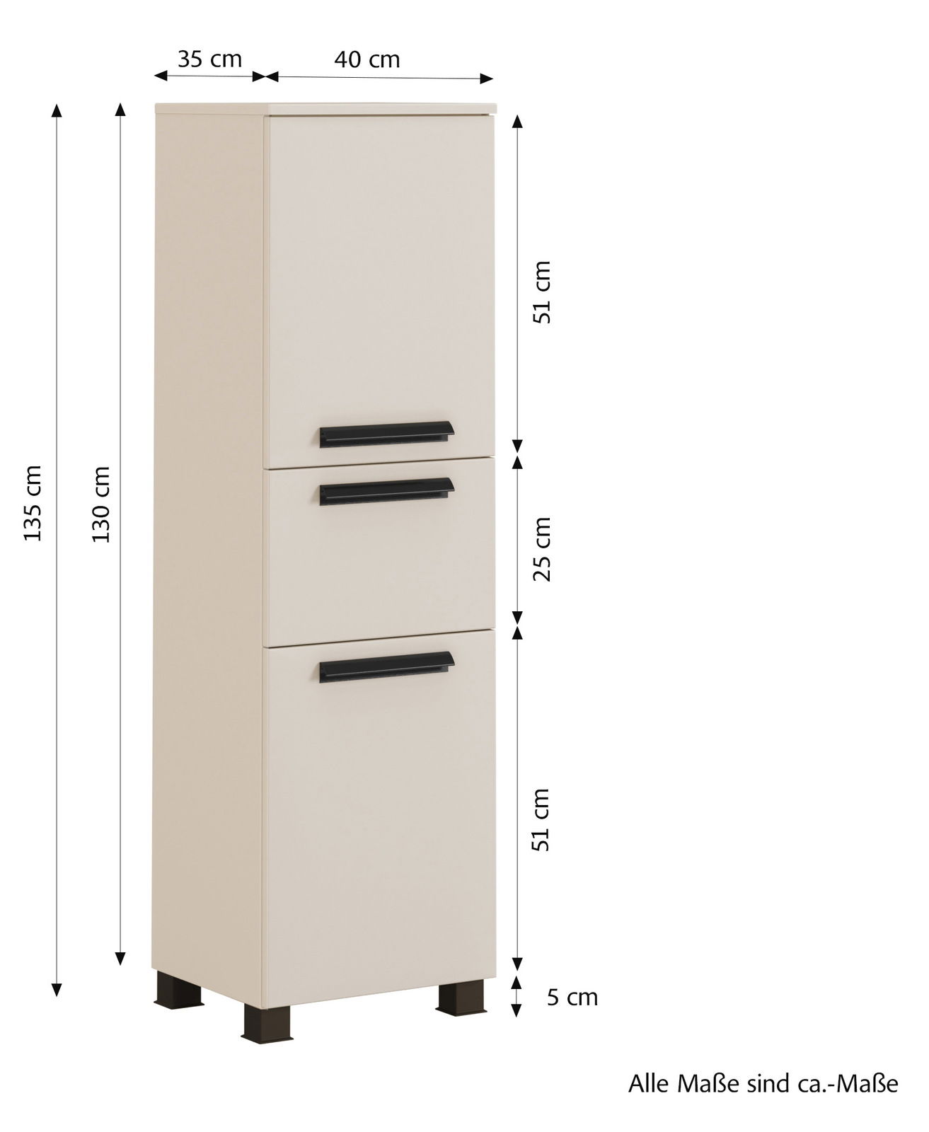 Beiger Midischrank mit drei schwarzen Griffen, abgebildet aus einer leicht seitlichen Perspektive. Maße: 135 cm hoch, 40 cm breit, 35 cm tief.