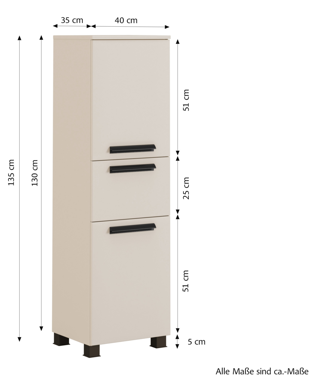 Beiger Midischrank mit drei schwarzen Griffen, abgebildet aus einer leicht seitlichen Perspektive. Maße: 135 cm hoch, 40 cm breit, 35 cm tief.