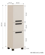 Beige halve kast met drie zwarte handgrepen, afgebeeld vanuit een licht zijdelings perspectief. Afmetingen: 135 cm hoog, 40 cm breed, 35 cm diep.