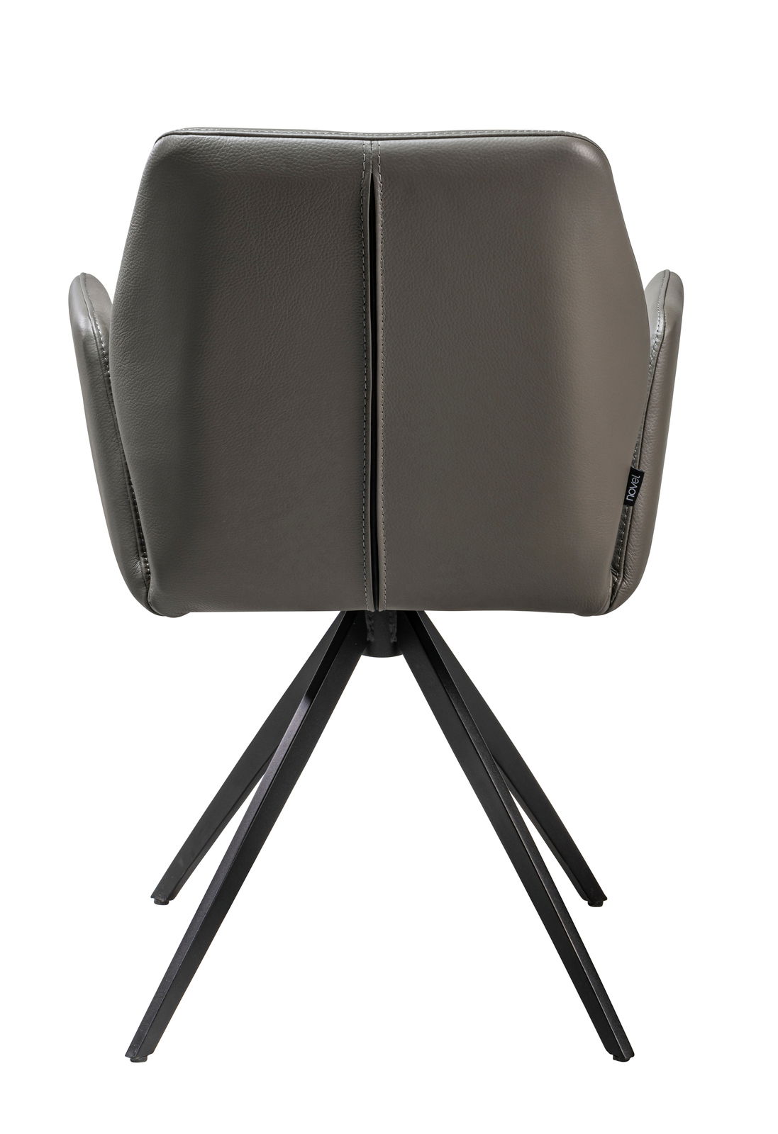 Rückansicht eines modernen Sessels mit schwarzem Metallgestell und grauem Polster.