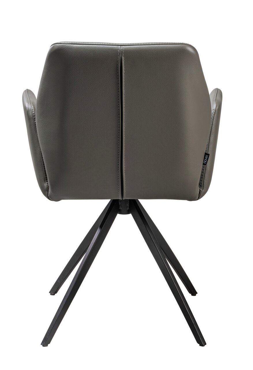 Achterkant van een moderne fauteuil met een zwart metalen frame en grijze bekleding.
