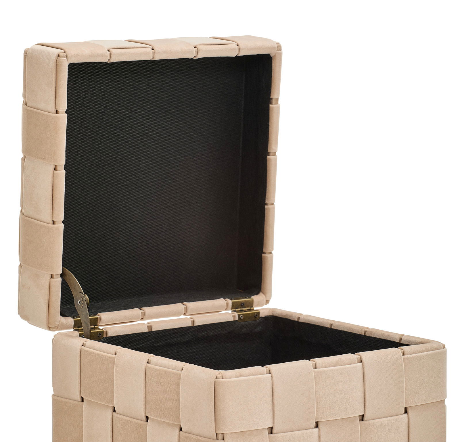 Hocker mit Stauraum in beige, geöffneter Deckel, seitliche Perspektive