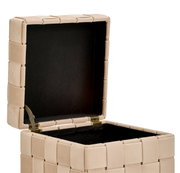 Kruk met opbergruimte in beige, open deksel, zijaanzicht
