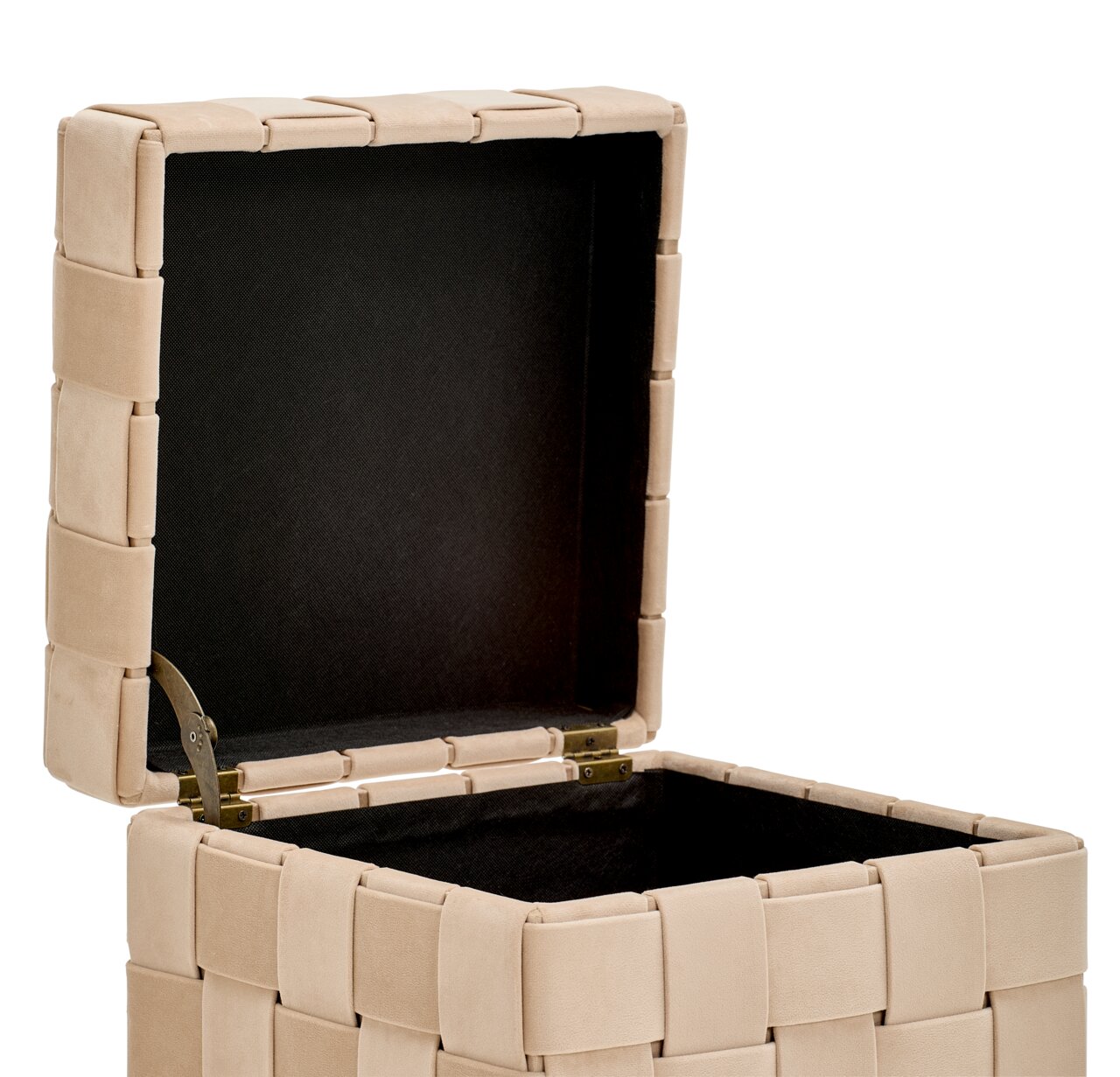 Kruk met opbergruimte in beige, open deksel, zijaanzicht