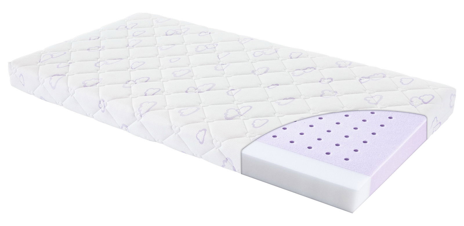 Matratze 70x140 mit abgerundeter Ecke, die den inneren Schaumstoff zeigt, von schräg oben fotografiert.