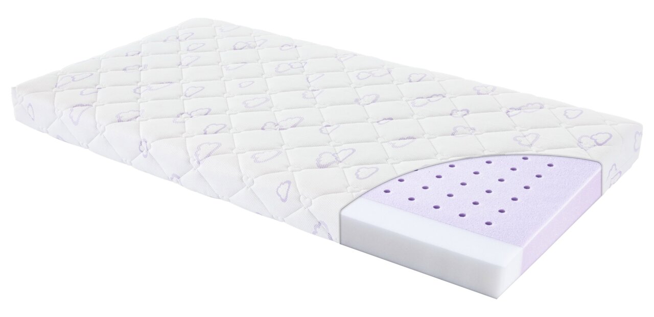 Träumeland Matras 70 x 140 SILBERMOND Matras van 70 x 140 cm met afgeronde hoek, waarbij het schuim aan de binnenkant zichtbaar is, gefotografeerd vanuit een schuine hoek van bovenaf.