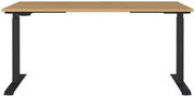 Elektrisch höhenverstellbarer Schreibtisch mit Holzplatte und schwarzen Metallbeinen, Frontalansicht