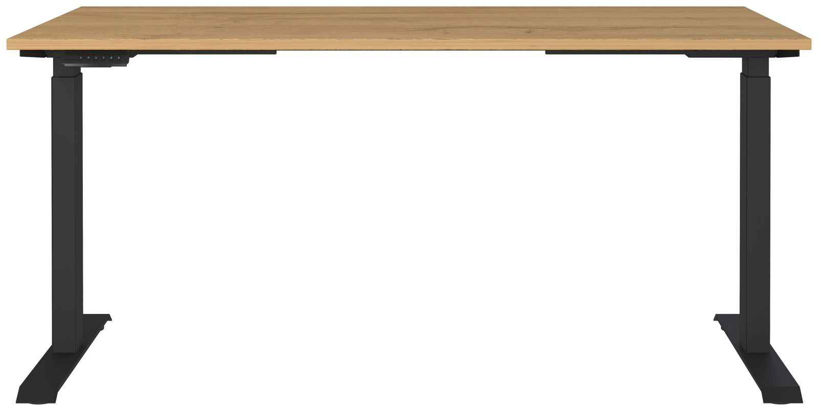 Elektrisch höhenverstellbarer Schreibtisch mit Holzplatte und schwarzen Metallbeinen, Frontalansicht