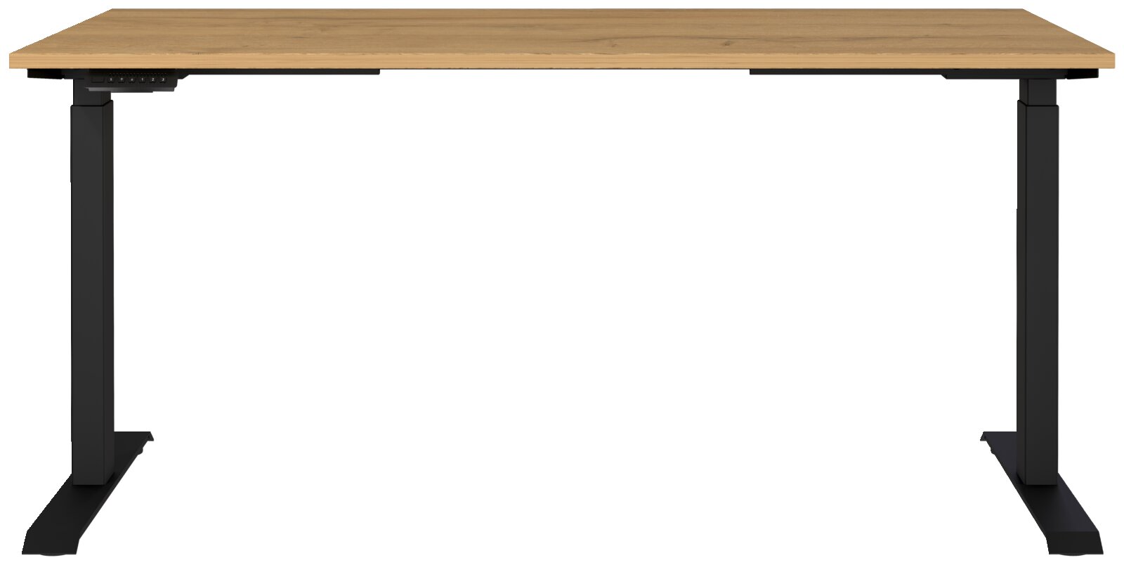 Elektrisch höhenverstellbarer Schreibtisch mit Holzplatte und schwarzen Metallbeinen, Frontalansicht