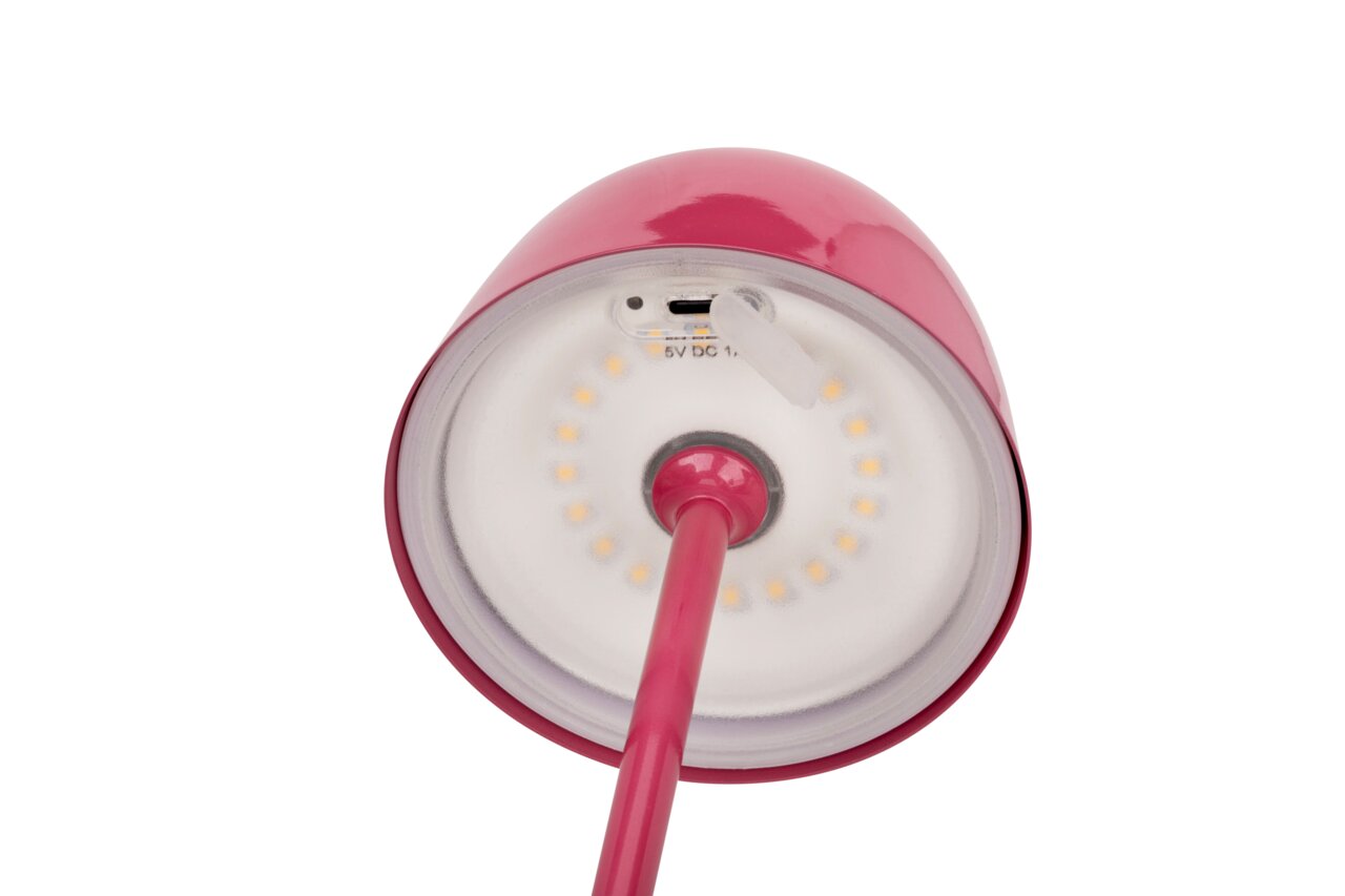 Unteransicht einer pinken Akku-Tischleuchte mit LED-Lichtern und USB-Ladeanschluss.