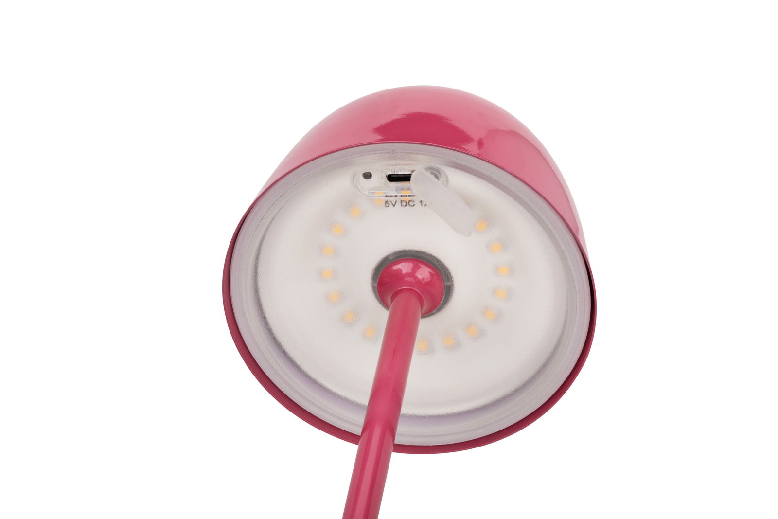 Unteransicht einer pinken Akku-Tischleuchte mit LED-Lichtern und USB-Ladeanschluss.