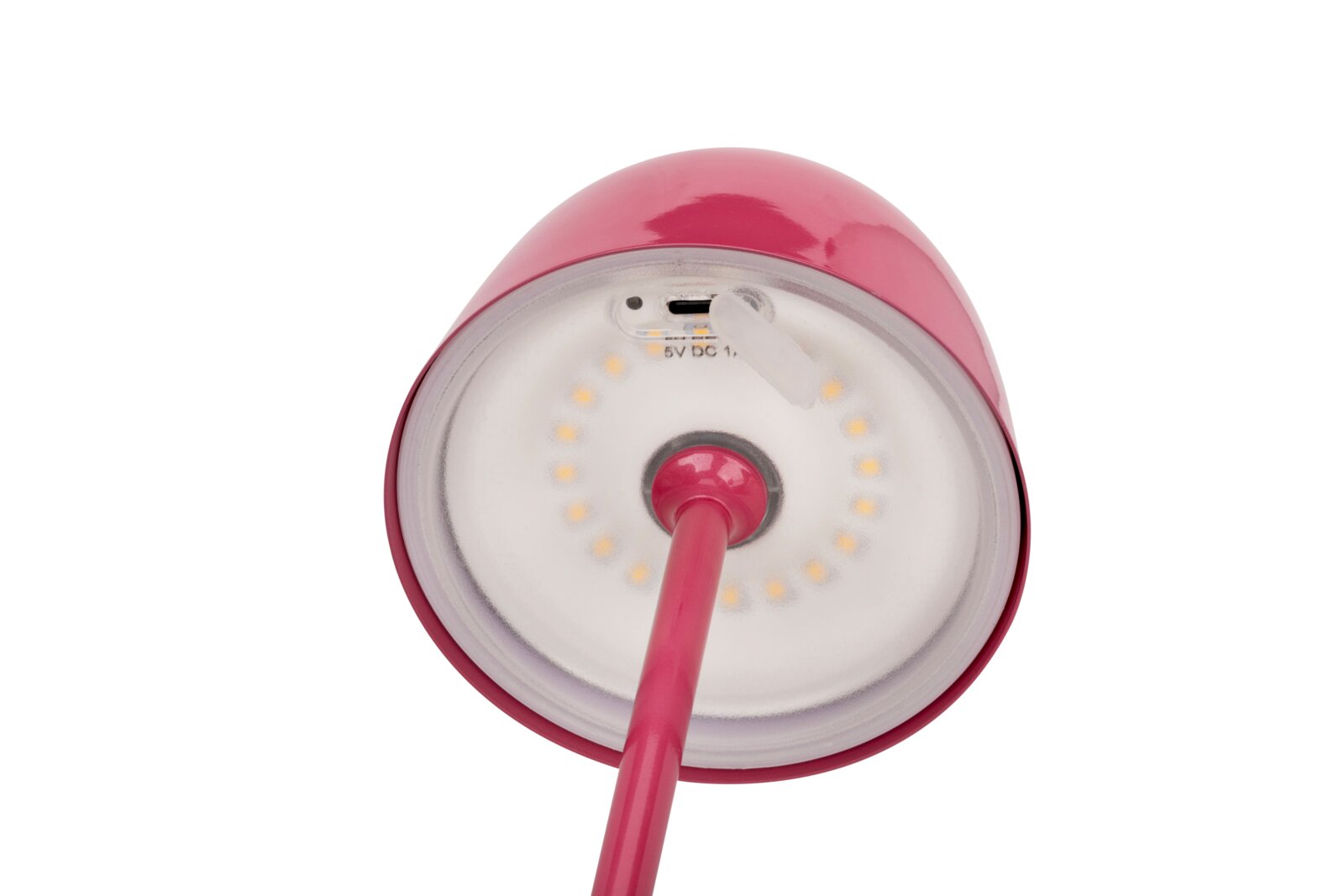 Onderaanzicht van een roze accu-tafellamp met ledlampjes en een USB-oplaadaansluiting.