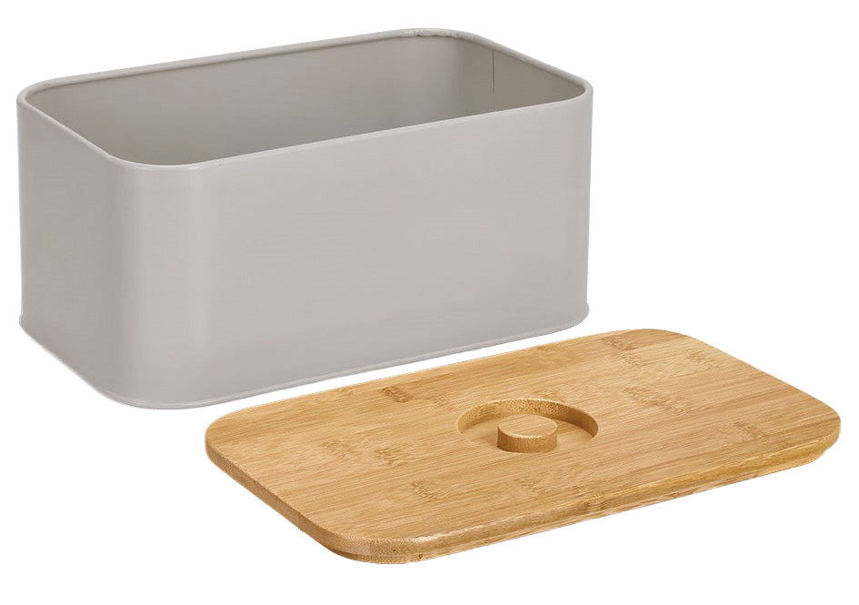 Grauer Brotkasten mit abnehmbarem Bambusdeckel, seitliche Perspektive