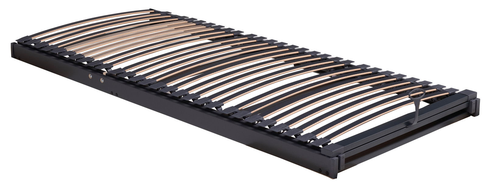 Tempur Systemrahmen 100x200 FORM SYSTEMRAHMEN 1500 Seitliche Perspektive auf einen Systemrahmen mit gebogenen Holzlatten und einem stabilen Metallrahmen.