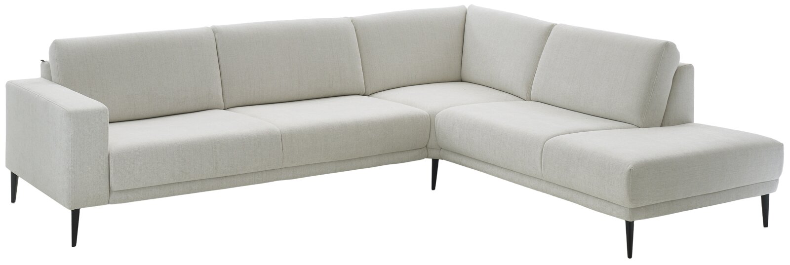 Helle Eckgarnitur mit modernem Design, L-Form, aus hellem Stoff, auf schwarzen Metallfüßen, Perspektive von vorne links