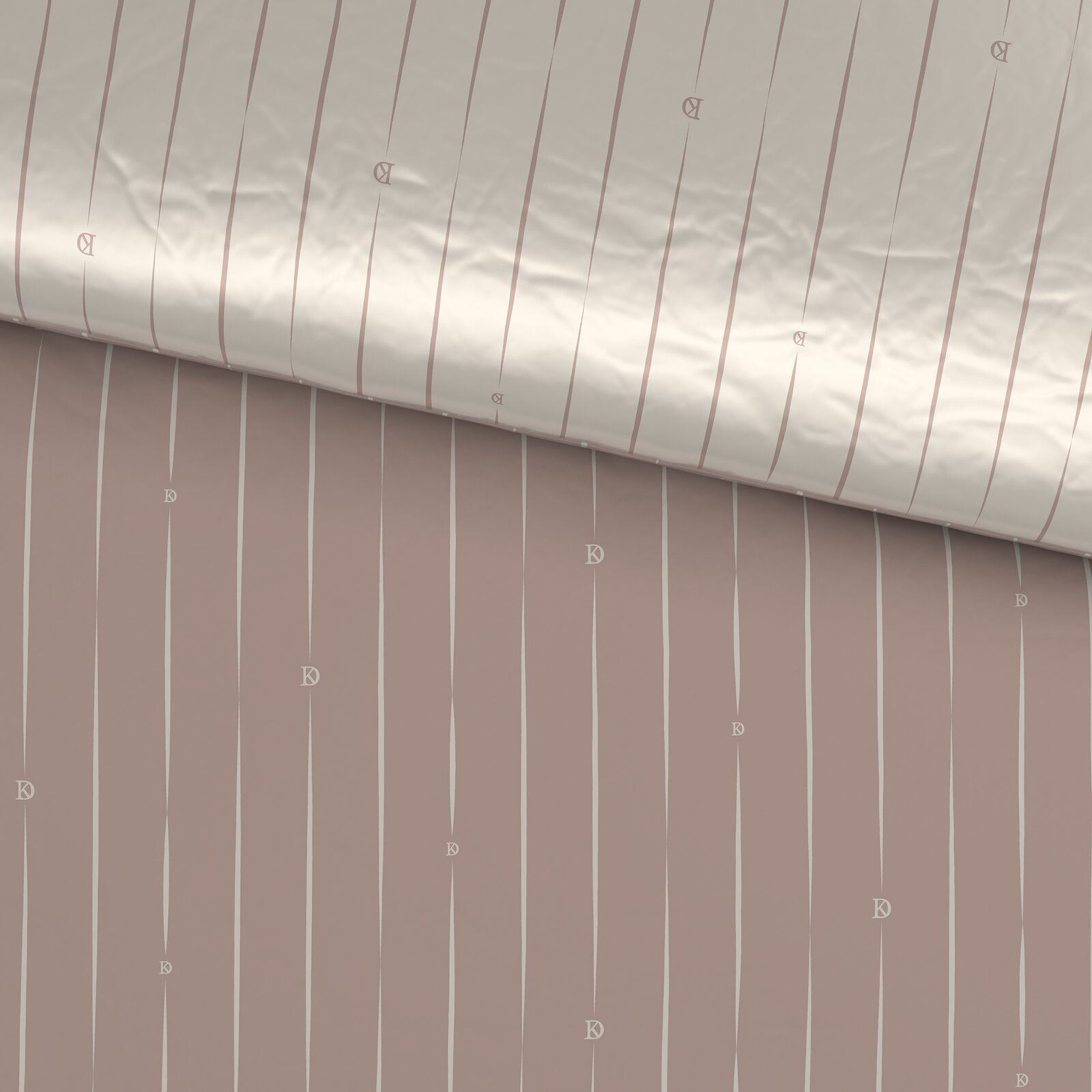 Wendebettwäsche mit beidseitigem Streifenmuster in Beige und Rosa, aus der Vogelperspektive fotografiert.