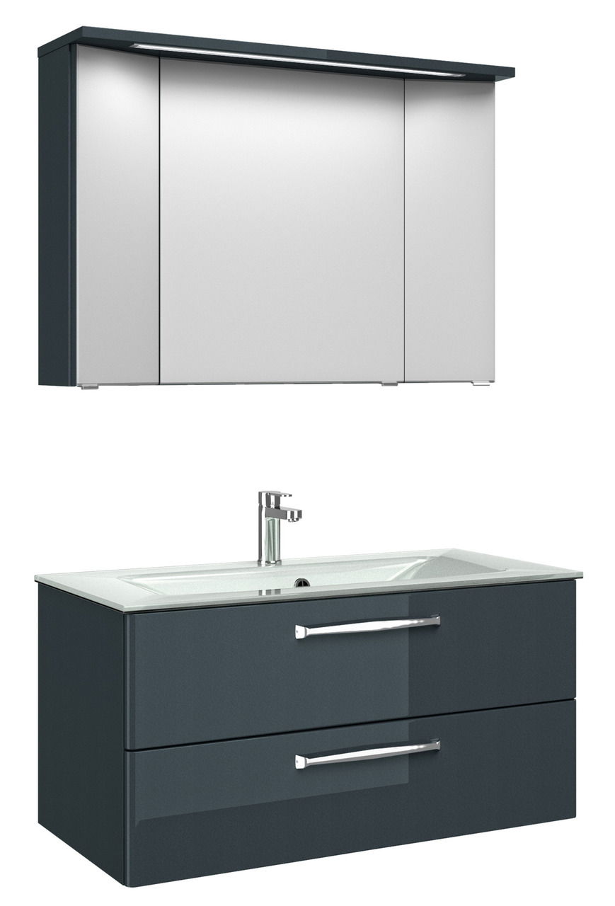 Moderner Badblock mit Spiegelschrank und Waschbeckenunterschrank, frontale Ansicht