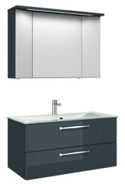 Moderner Badblock mit Spiegelschrank und Waschbeckenunterschrank, frontale Ansicht