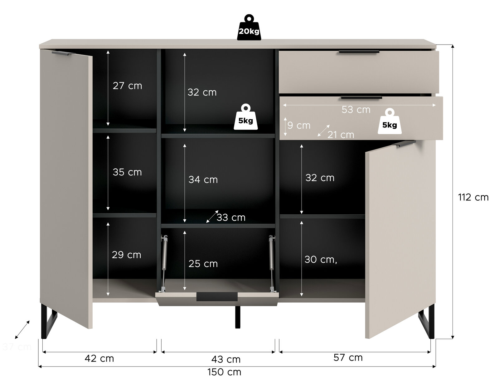 Beiges Sideboard/Kommode mit zwei geöffneten Türen und zwei Schubladen, Innenfächer mit Maßangaben (u. a. 150 cm Breite, 112 cm Höhe) und Belastungssymbolen, Frontansicht leicht von oben.