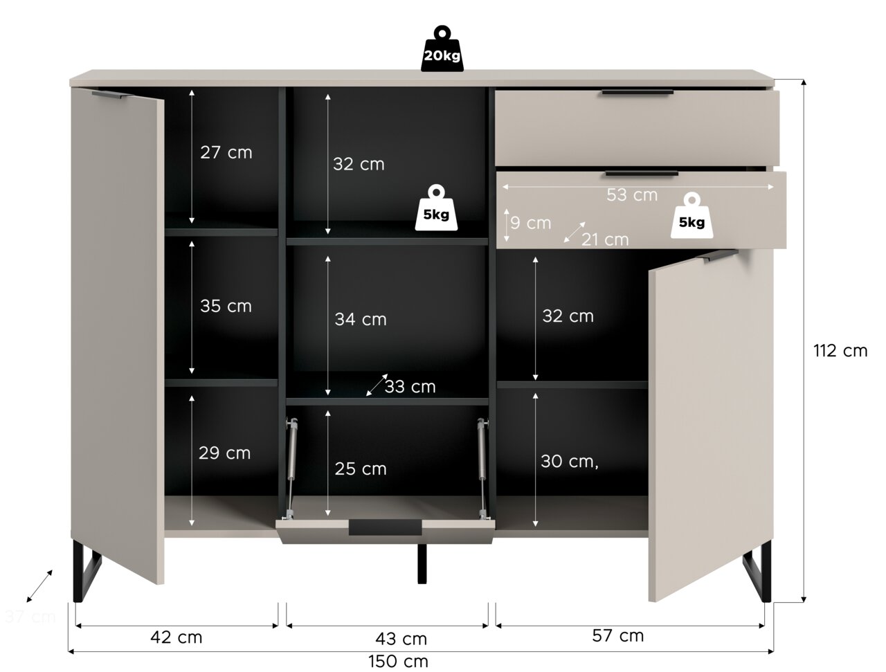 Beiges Sideboard/Kommode mit zwei geöffneten Türen und zwei Schubladen, Innenfächer mit Maßangaben (u. a. 150 cm Breite, 112 cm Höhe) und Belastungssymbolen, Frontansicht leicht von oben.
