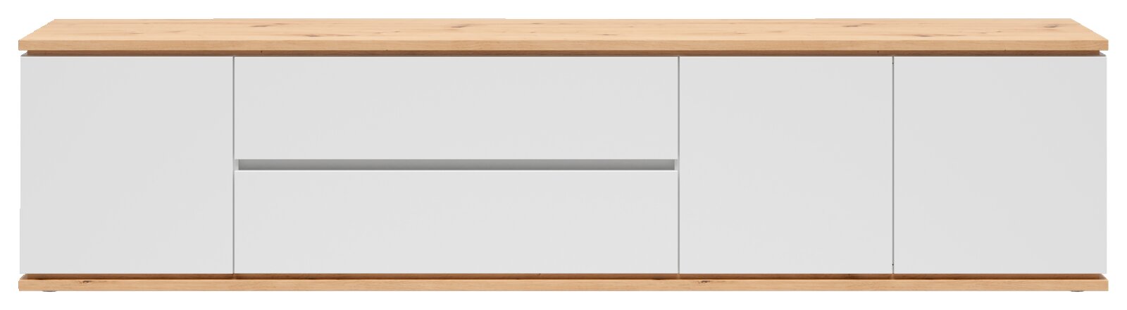 Modernes Sideboard in Weiß mit Holzplatte und Holzsockel, mittiger Schublade und zwei Türen, frontal aus der Vorderansicht freigestellt