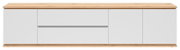Modernes Sideboard in Weiß mit Holzplatte und Holzsockel, mittiger Schublade und zwei Türen, frontal aus der Vorderansicht freigestellt