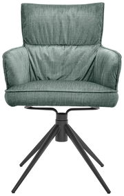 Grüner Armlehnstuhl mit gepolstertem Sitz und Rückenlehne, auf schwarzem Metallgestell, Frontalansicht