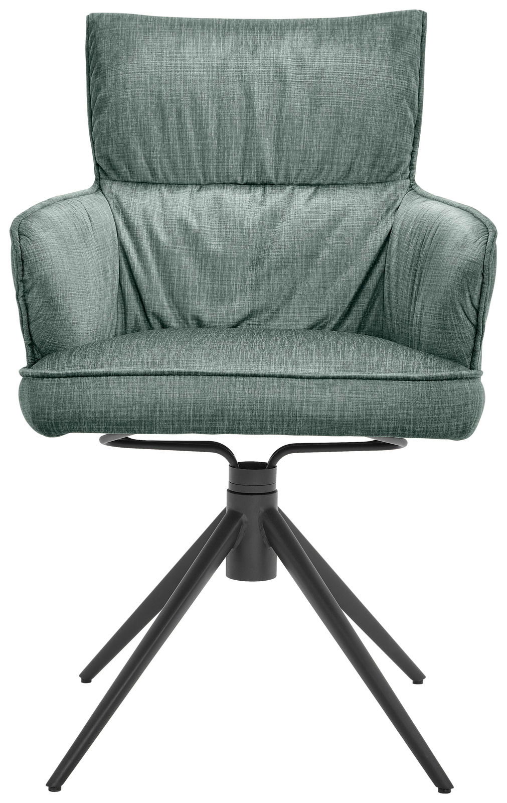 Grüner Armlehnstuhl mit gepolstertem Sitz und Rückenlehne, auf schwarzem Metallgestell, Frontalansicht