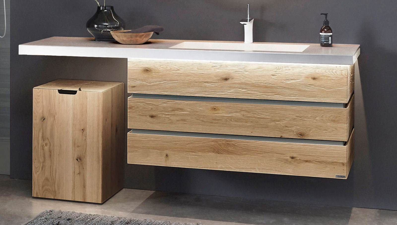 Valdera Waschtischkombination FRESH Moderne Waschtischkombination aus Holz mit drei Schubladen und integriertem Waschbecken, seitliche Perspektive