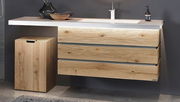 Moderne Waschtischkombination aus Holz mit drei Schubladen und integriertem Waschbecken, seitliche Perspektive