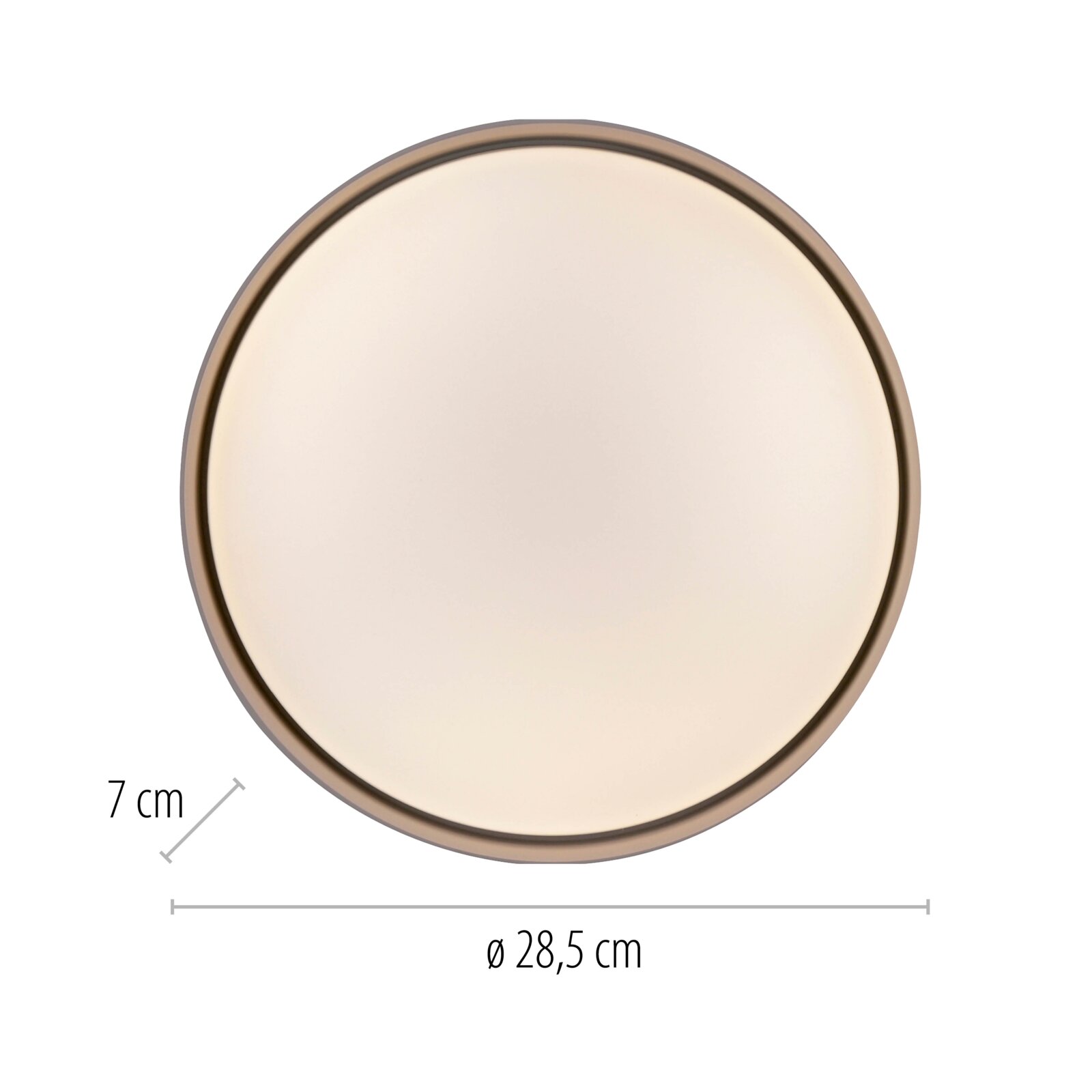 Runde Deckenleuchte/Wandleuchte mit opalem Diffusor und bronzefarbenem Metallrahmen, Ø 28,5 cm und Höhe 7 cm, Frontalansicht von vorne auf weißem Hintergrund