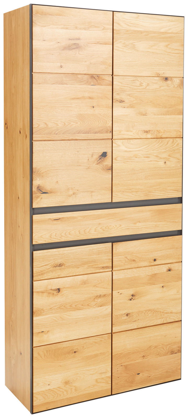 Großer Schuhschrank aus hellem Holz mit mehreren Türen, seitliche Perspektive
