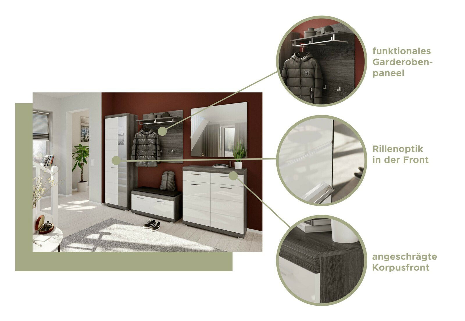 Moderne Garderobeneinrichtung mit Schuhschrank, Garderobenschrank, Spiegel, Garderobenpaneel und Sitzbank in einer stilvollen Raumansicht.