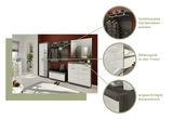 Moderne Garderobeneinrichtung mit Schuhschrank, Garderobenschrank, Spiegel, Garderobenpaneel und Sitzbank in einer stilvollen Raumansicht.