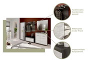 Moderne Garderobeneinrichtung mit Schuhschrank, Garderobenschrank, Spiegel, Garderobenpaneel und Sitzbank in einer stilvollen Raumansicht.