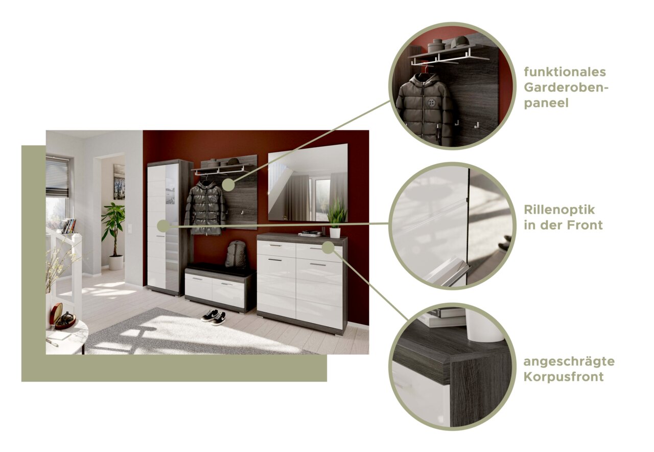 Moderne Garderobeneinrichtung mit Schuhschrank, Garderobenschrank, Spiegel, Garderobenpaneel und Sitzbank in einer stilvollen Raumansicht.