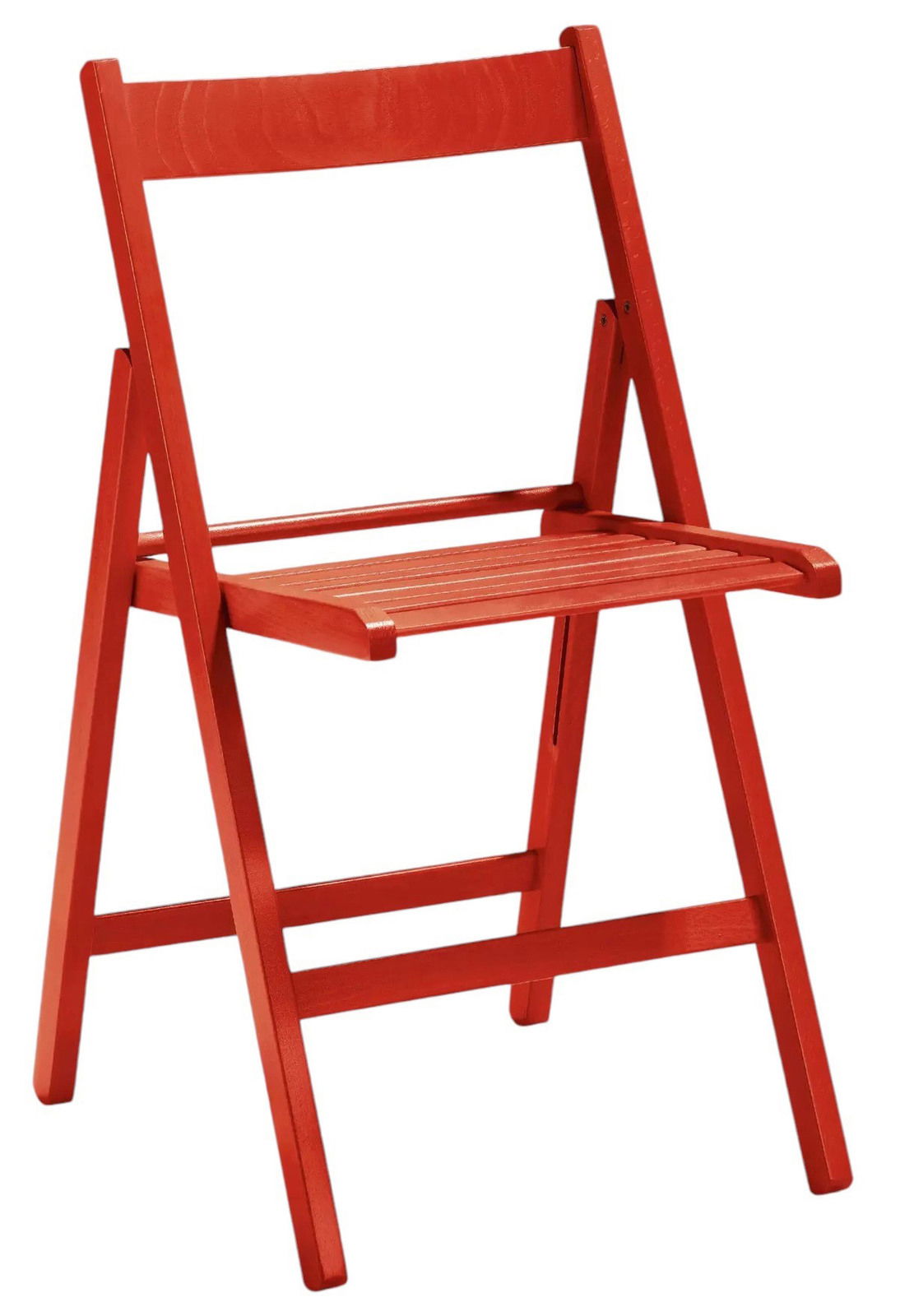 Roter Klappstuhl aus Holz, seitliche Perspektive
