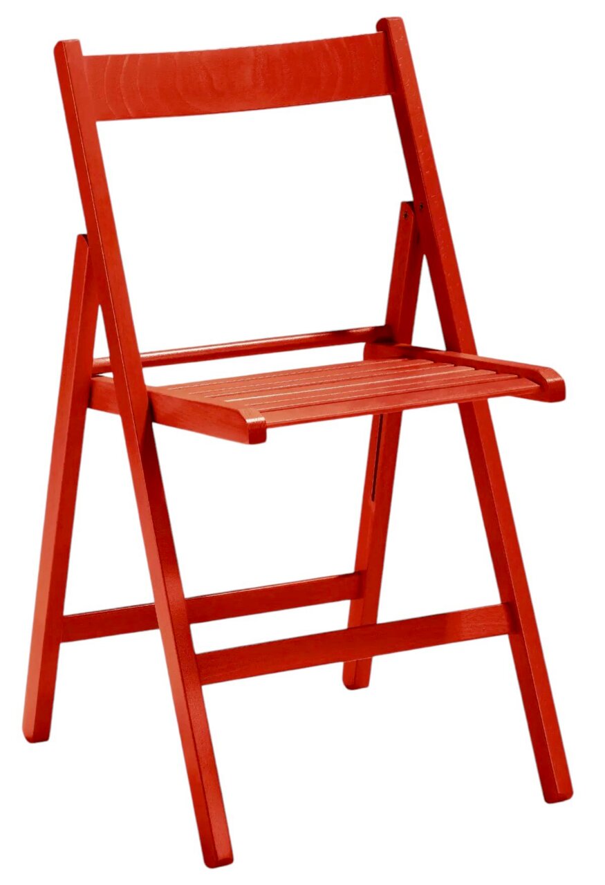 Roter Klappstuhl aus Holz, seitliche Perspektive