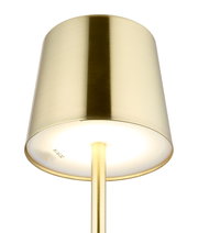 Goldene Tischleuchte aus der Froschperspektive fotografiert, mit zylindrischem Lampenschirm und schlankem Ständer.