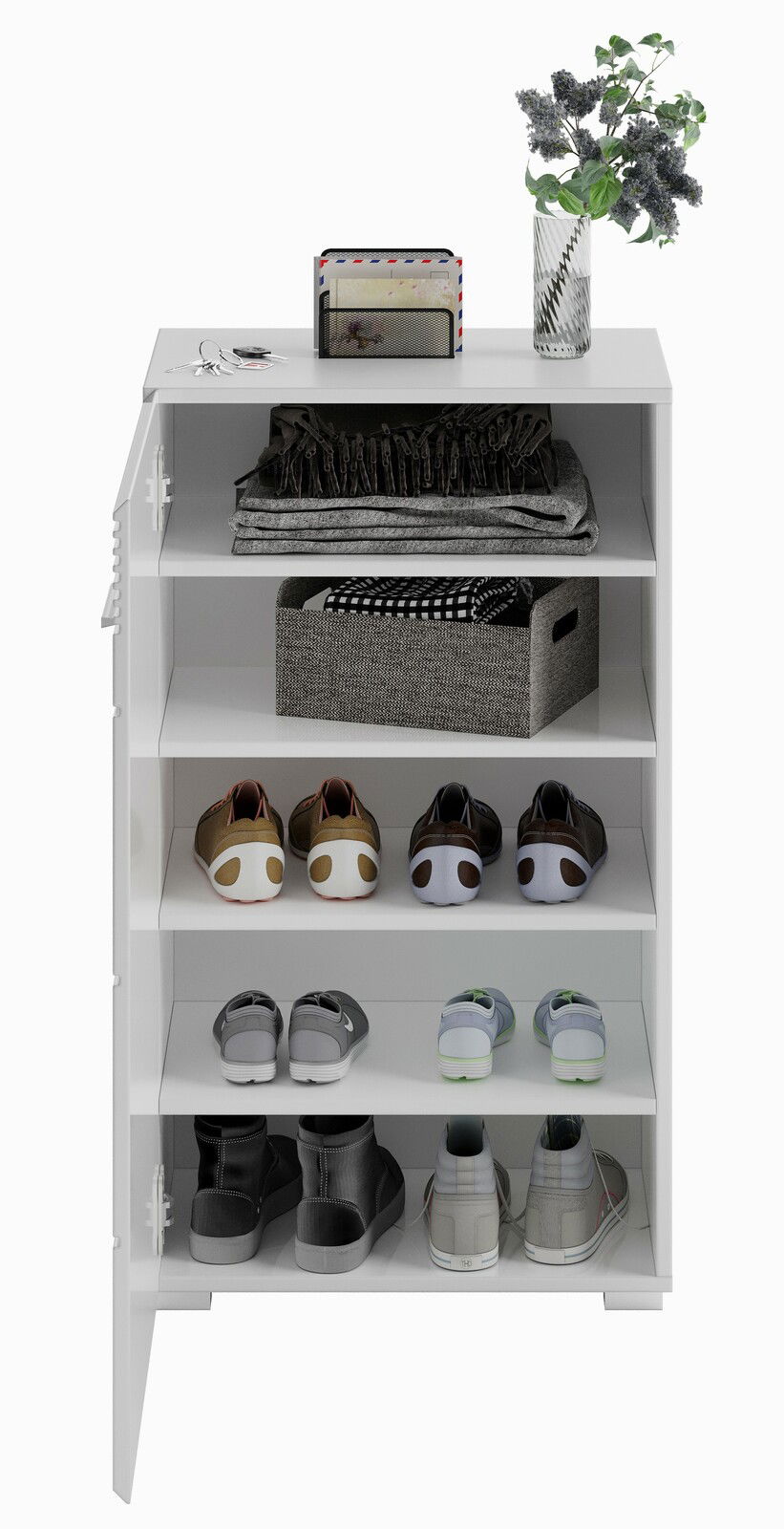 Weiße Garderobenkombination mit mehreren Regalböden, gefüllt mit Schuhen, Kleidung und Accessoires, aus frontaler Perspektive.