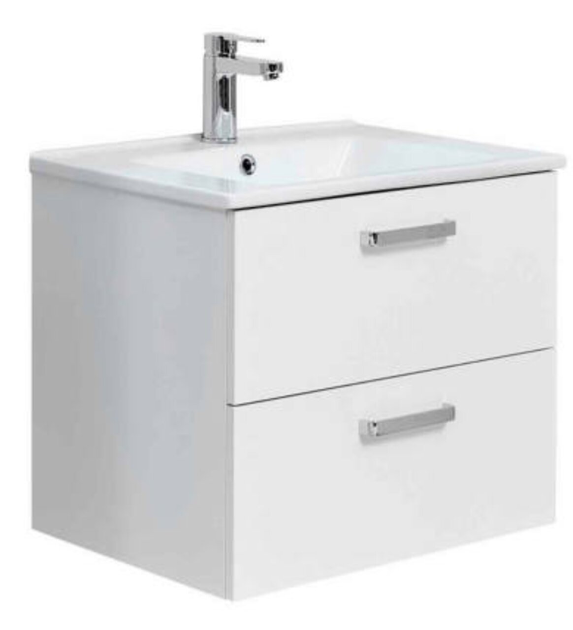 Moderner Waschtisch mit zwei Schubladen und Wasserhahn, seitliche Perspektive