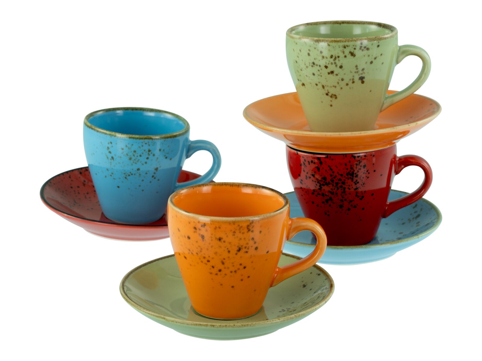 Creatable Espressotassen 8-tlg NATURE COLLECTION Vier bunte, gesprenkelte Keramik-Kaffeetassen mit Untertassen (blau, orange, rot, grün) teils gestapelt, schräg von vorn fotografiert vor weißem Hintergrund