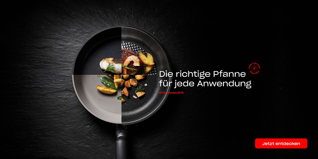 Eine elegante Bratpfanne mit einem Werbetext über die Auswahl der richtigen Pfanne für jeden Gebrauch.