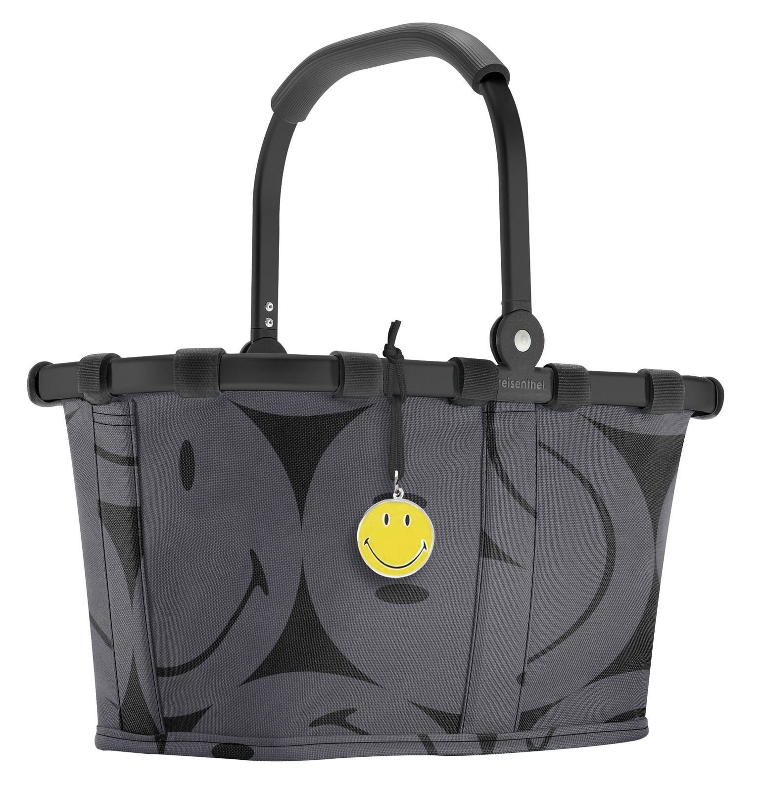 Grauer Einkaufskorb mit schwarzem Smiley-Muster und gelbem Smiley-Anhänger, seitliche Perspektive