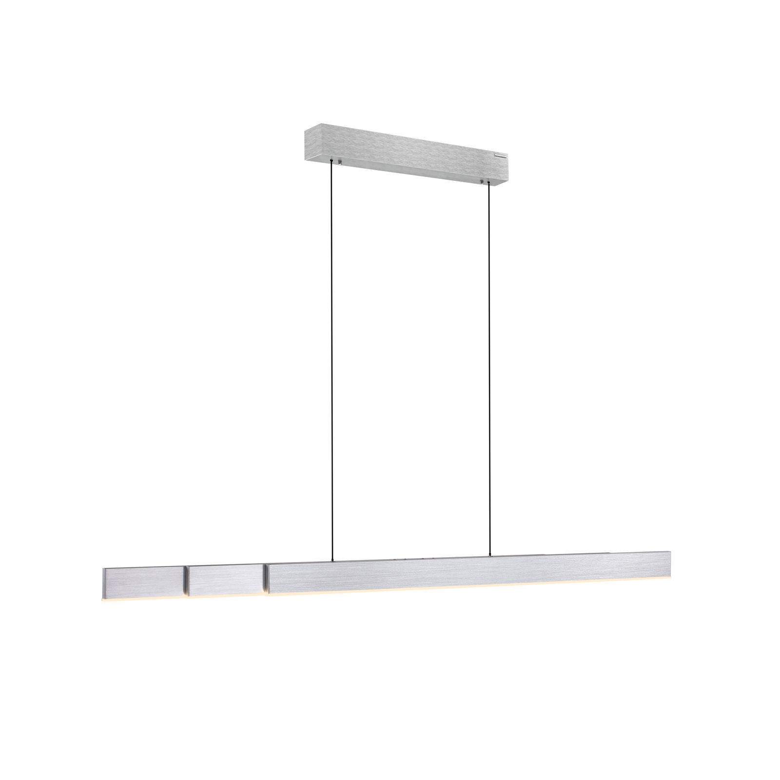 Moderne Pendelleuchte PURE-MOTO-RISE in seitlicher Ansicht, mit schlankem, rechteckigem Design und silberner Oberfläche.