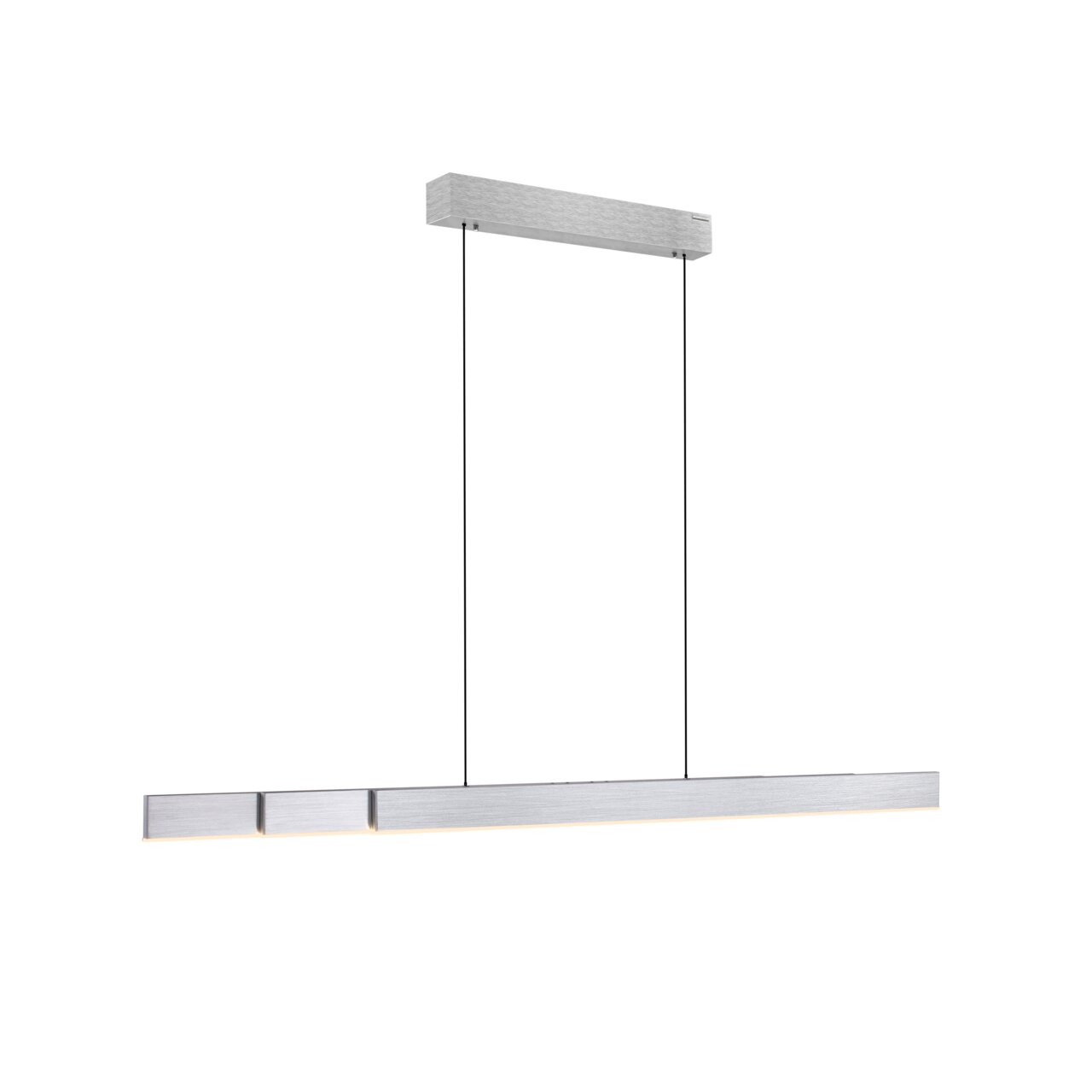 Moderne hanglamp PURE-MOTO-RISE in zijaanzicht, met een slank, rechthoekig ontwerp en een zilveren afwerking.