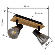 Deckenstrahler mit zwei verstellbaren Leuchten, Holz- und Metallelemente, seitliche Perspektive