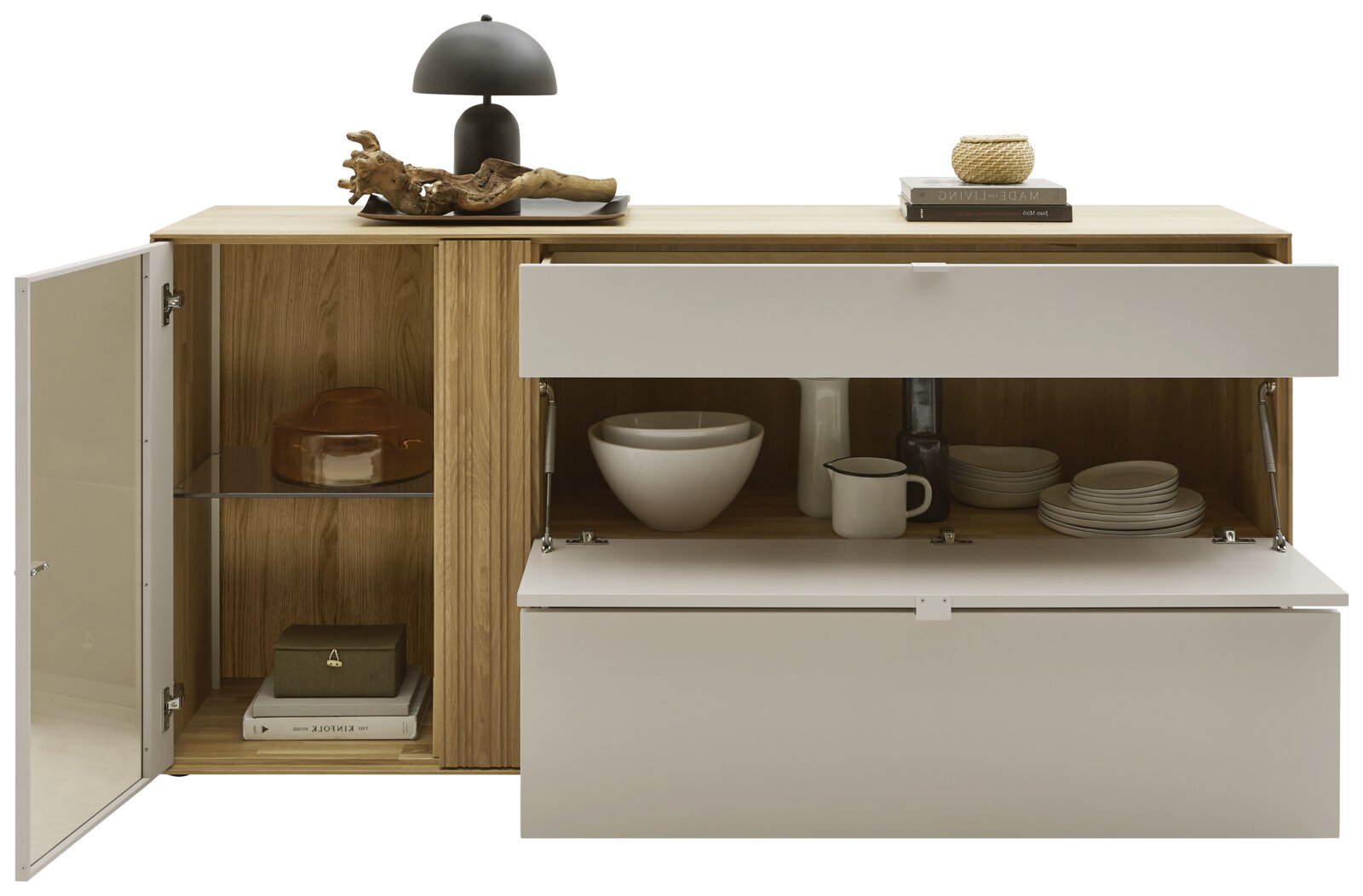 Dieter Knoll Sideboard MALEA Modernes Sideboard aus Holz mit weißen Fronten, links Glastür geöffnet und rechts Klappe/Schublade ausgezogen, Innenfächer mit Geschirr; frontale Ansicht
